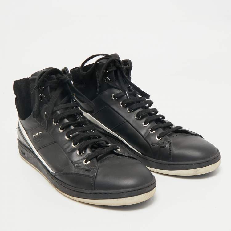 Pre Owned Fendi Black Leather And Suede High Top Sneakers Size 42