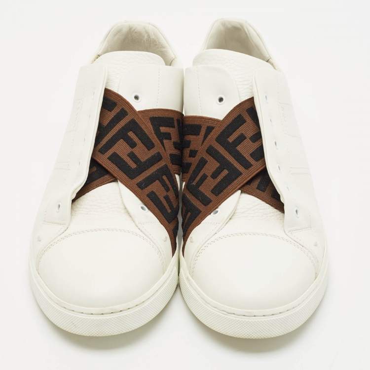Pre Owned Fendi White Leather FF Crisscross Strap Slip On Sneakers Size 43