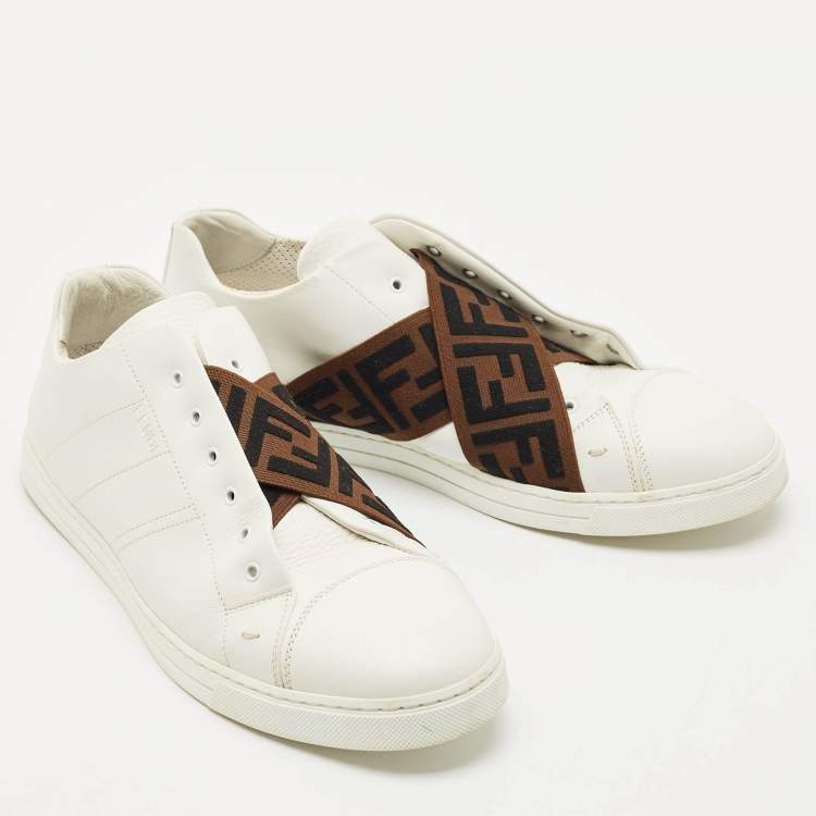 Pre Owned Fendi White Leather FF Crisscross Strap Slip On Sneakers Size 43