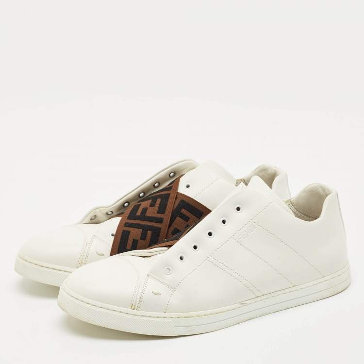 Pre Owned Fendi White Leather FF Crisscross Strap Slip On Sneakers Size 43