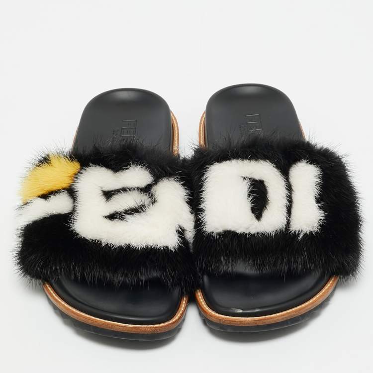 Pre Owned  Fendi x Fila Black Mink Fur Logo Mania Slide Sandals Size 41