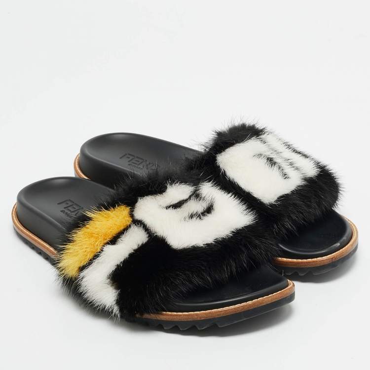 Pre Owned  Fendi x Fila Black Mink Fur Logo Mania Slide Sandals Size 41