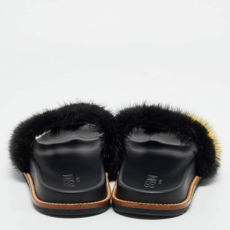 Pre Owned  Fendi x Fila Black Mink Fur Logo Mania Slide Sandals Size 41