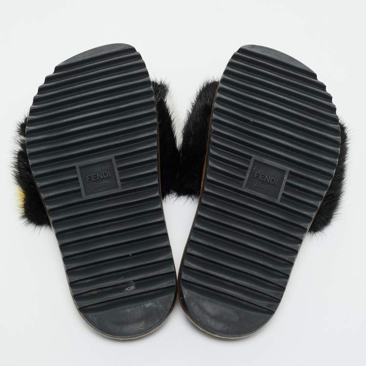 Pre Owned  Fendi x Fila Black Mink Fur Logo Mania Slide Sandals Size 41