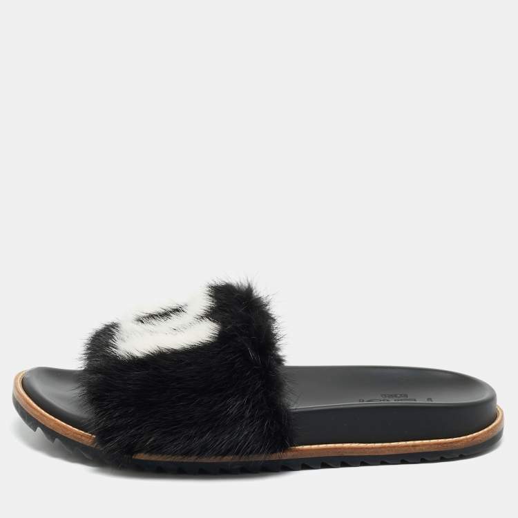 Pre Owned  Fendi x Fila Black Mink Fur Logo Mania Slide Sandals Size 41