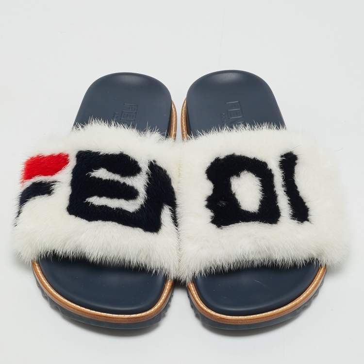Pre Owned Fendi x Fila Black Mink Fur Logo Mania Slide Sandals Size 41