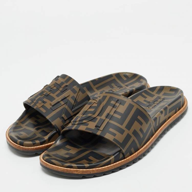 Pre Owned Fendi Zucca Brown/Black Rubber Slide Sandals Size 41