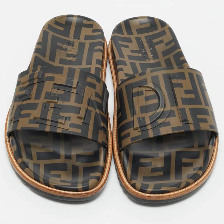 Pre Owned Fendi Zucca Brown/Black Rubber Slide Sandals Size 41