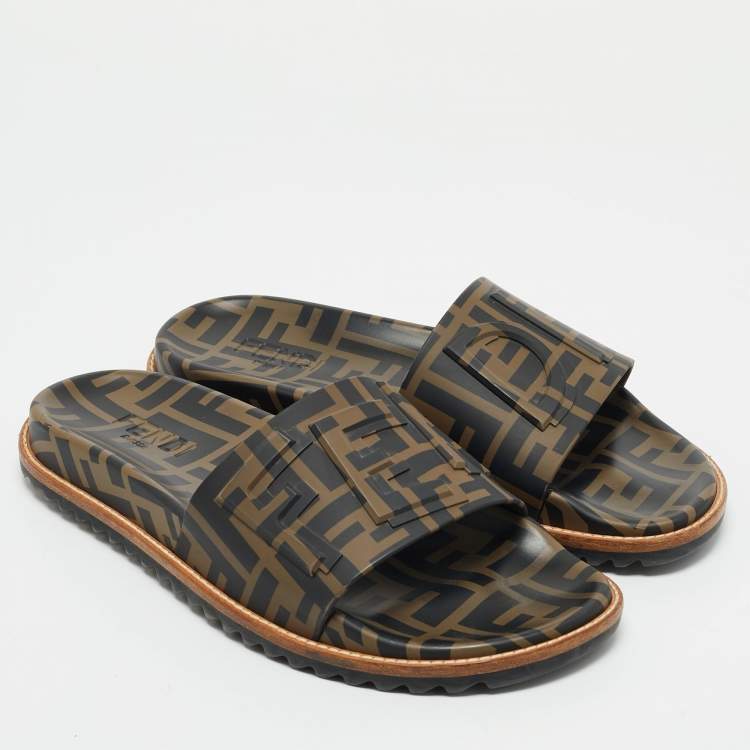 Pre Owned Fendi Zucca Brown/Black Rubber Slide Sandals Size 41