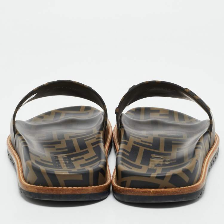 Pre Owned Fendi Zucca Brown/Black Rubber Slide Sandals Size 41