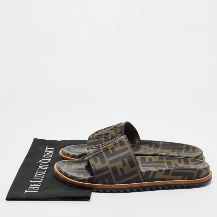 Pre Owned Fendi Zucca Brown/Black Rubber Slide Sandals Size 41
