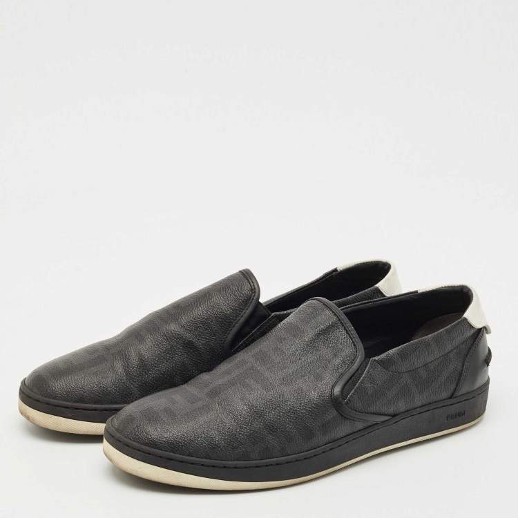 Pre Owned Fendi Black Zucca Coated Canvas and Leather Slip On Sneakers Size 42