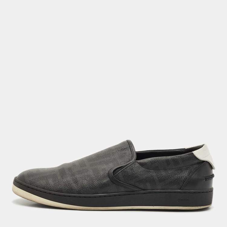 Pre Owned Fendi Black Zucca Coated Canvas and Leather Slip On Sneakers Size 42