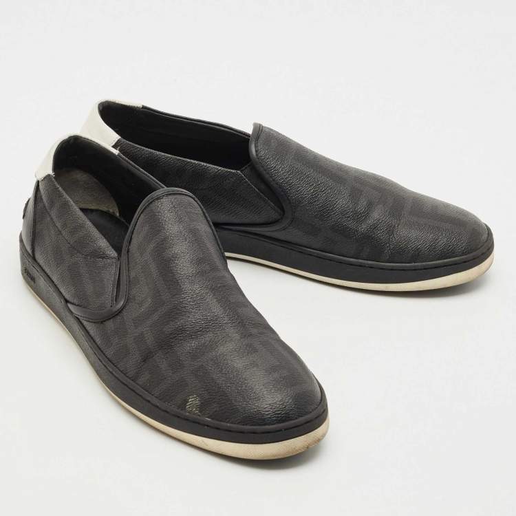 Pre Owned Fendi Black Zucca Coated Canvas and Leather Slip On Sneakers Size 42