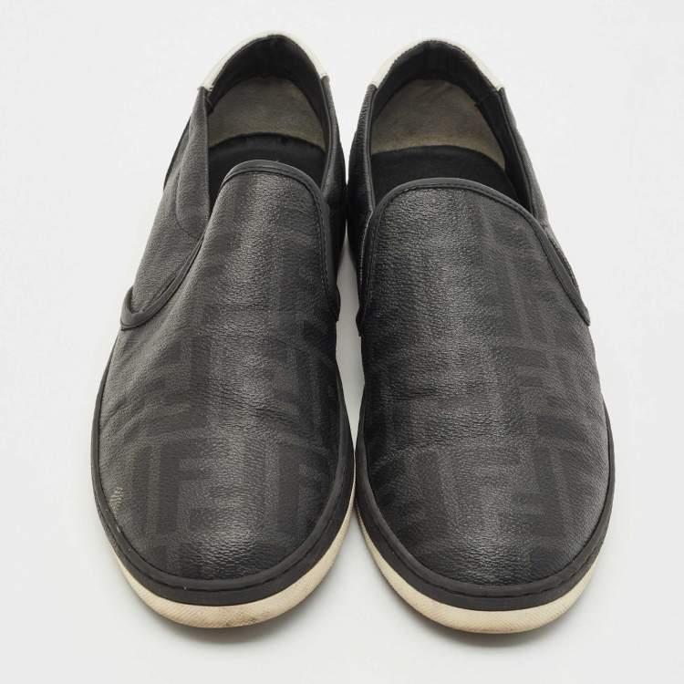 Pre Owned Fendi Black Zucca Coated Canvas and Leather Slip On Sneakers Size 42