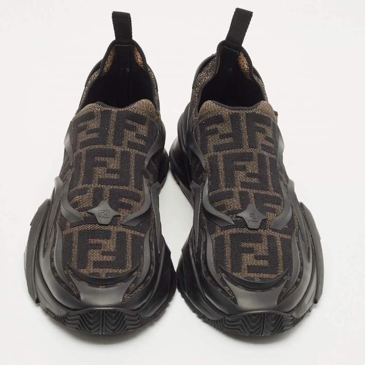 Pre Owned Fendi Black/Brown Rubber and Fabric Flow Low Top Sneakers Size 44