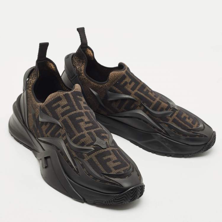 Pre Owned Fendi Black/Brown Rubber and Fabric Flow Low Top Sneakers Size 44