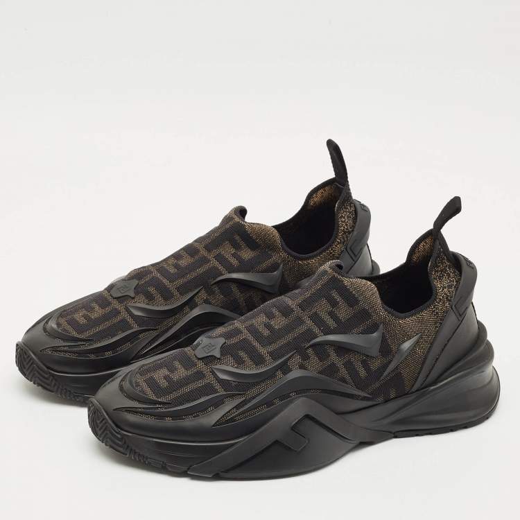 Pre Owned Fendi Black/Brown Rubber and Fabric Flow Low Top Sneakers Size 44