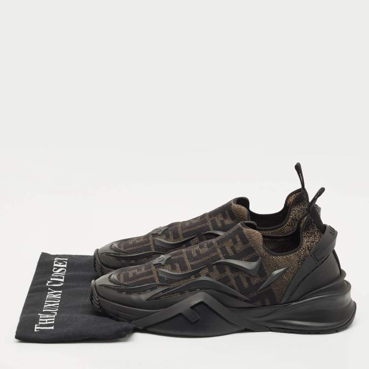 Pre Owned Fendi Black/Brown Rubber and Fabric Flow Low Top Sneakers Size 44