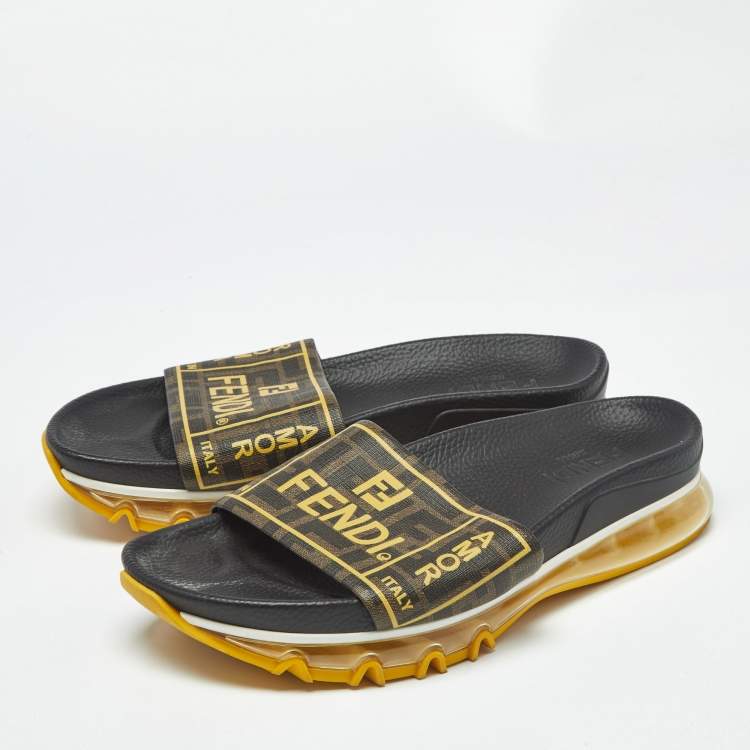 Pre Owned Fendi Brown Zucca Logo Print Coated Canvas Clear Sole Slide Sandals Size 41.5