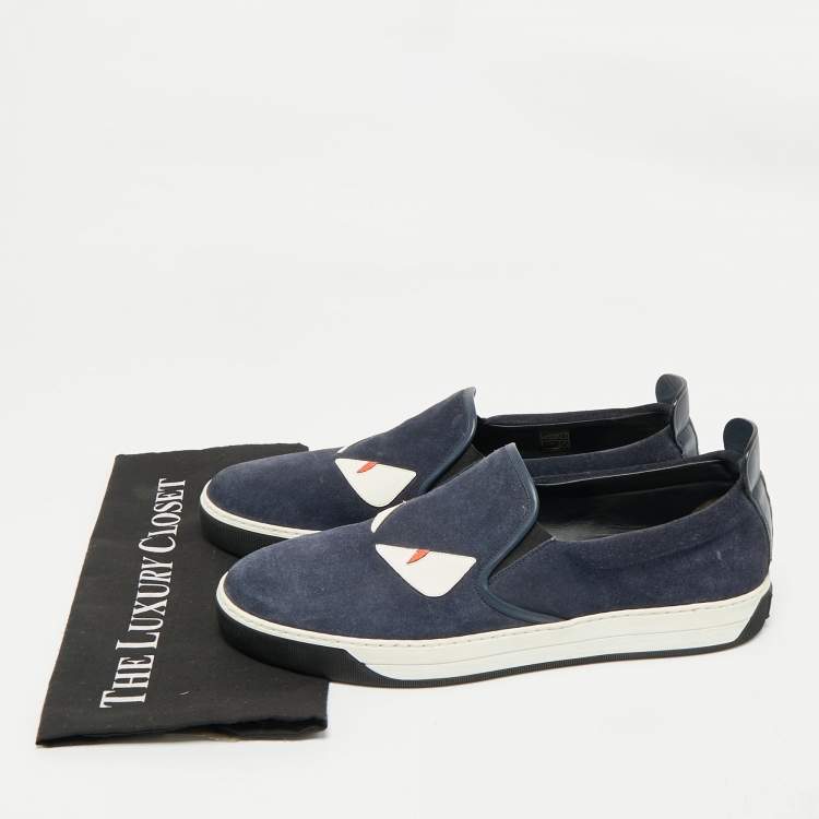 Pre Owned Fendi Navy Blue Suede Monster Eyes Slip On Sneakers Size 43