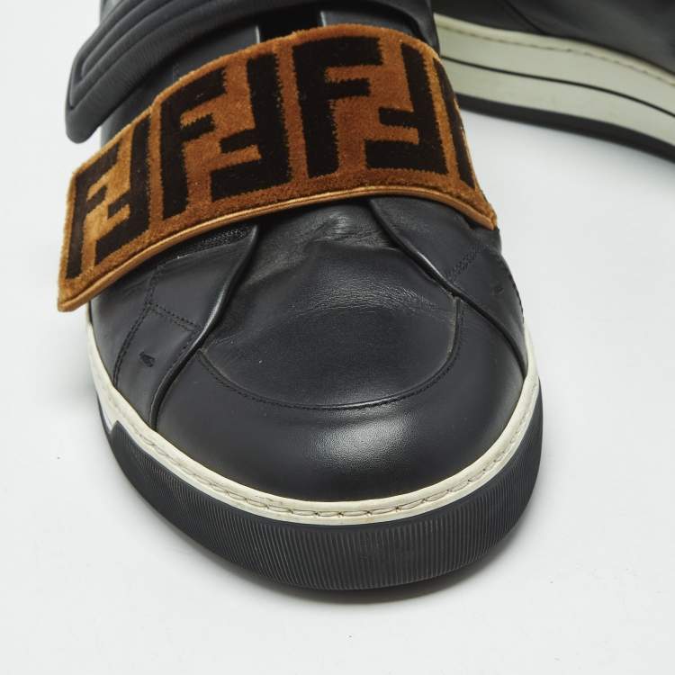 Pre Owned  Fendi Black/Brown Zucca Velvet and Leather Low Top Sneakers Size 45