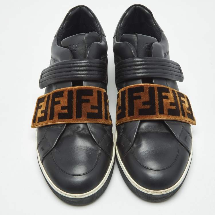 Pre Owned  Fendi Black/Brown Zucca Velvet and Leather Low Top Sneakers Size 45