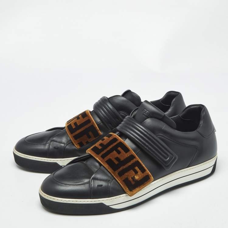 Pre Owned  Fendi Black/Brown Zucca Velvet and Leather Low Top Sneakers Size 45