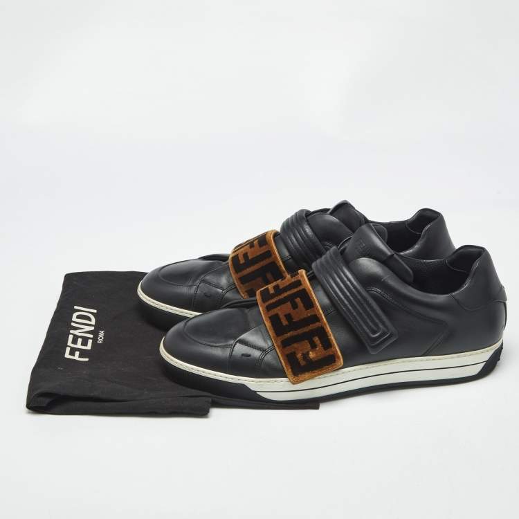 Pre Owned  Fendi Black/Brown Zucca Velvet and Leather Low Top Sneakers Size 45
