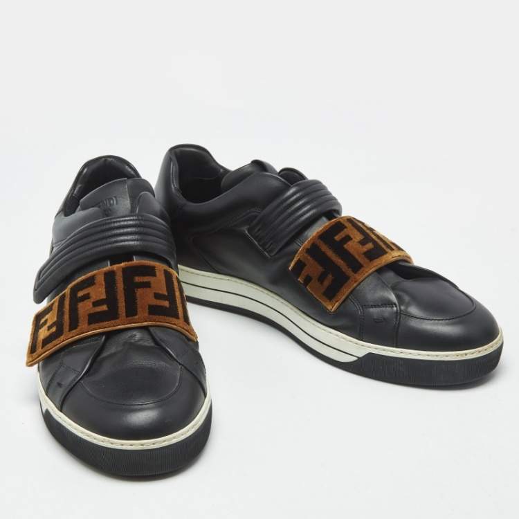 Pre Owned  Fendi Black/Brown Zucca Velvet and Leather Low Top Sneakers Size 45