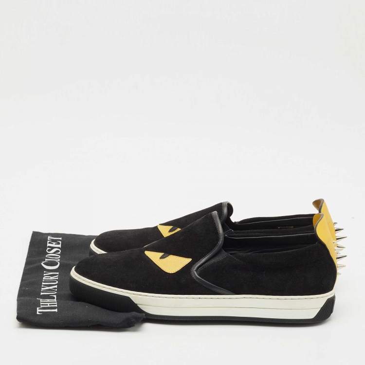 Pre Owned Fendi Black Suede and Leather Monster Eyes Slip On Sneakers Size 42