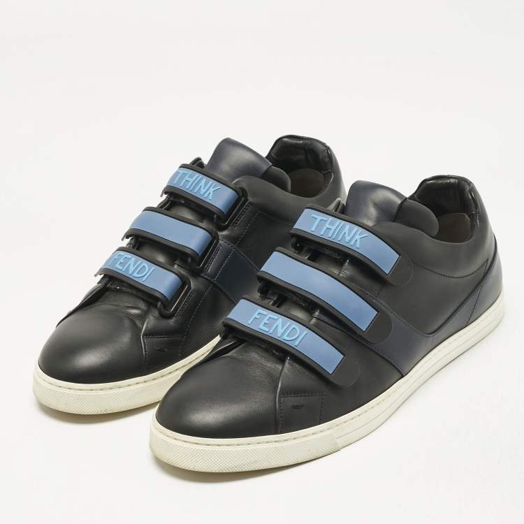 Pre Owned Fendi Black/Blue  Leather Velcro Straps Sneakers Size 45