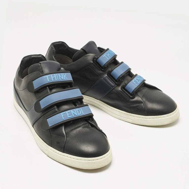 Pre Owned Fendi Black/Blue  Leather Velcro Straps Sneakers Size 45