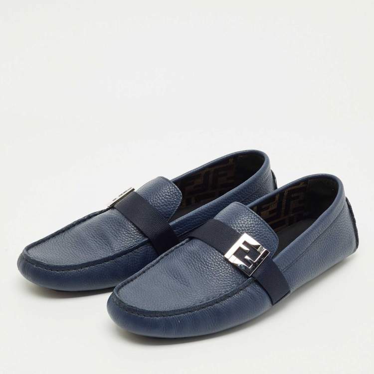 Pre Owned Fendi Navy Blue Leather FF Logo Slip On Loafers Size 43