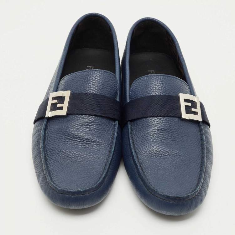 Pre Owned Fendi Navy Blue Leather FF Logo Slip On Loafers Size 43