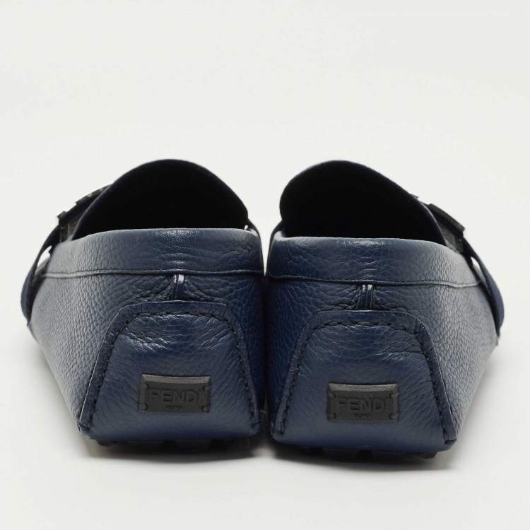 Pre Owned Fendi Navy Blue Leather FF Logo Slip On Loafers Size 43