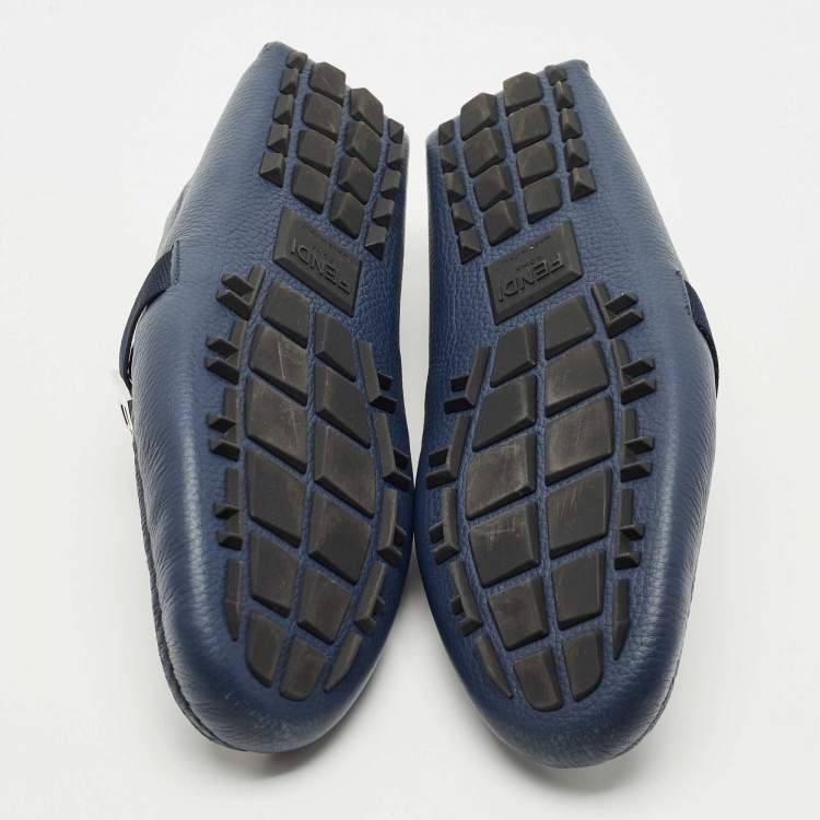 Pre Owned Fendi Navy Blue Leather FF Logo Slip On Loafers Size 43