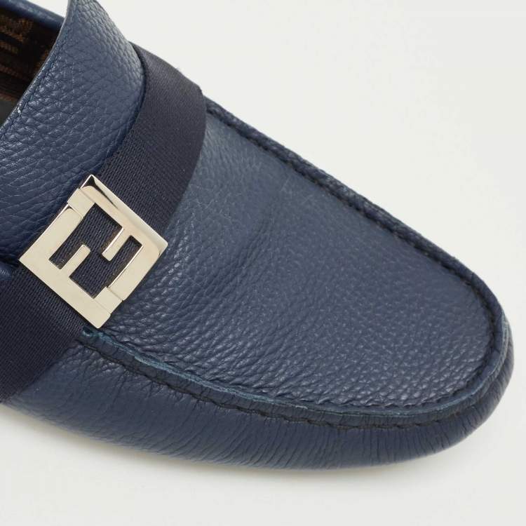 Pre Owned Fendi Navy Blue Leather FF Logo Slip On Loafers Size 43