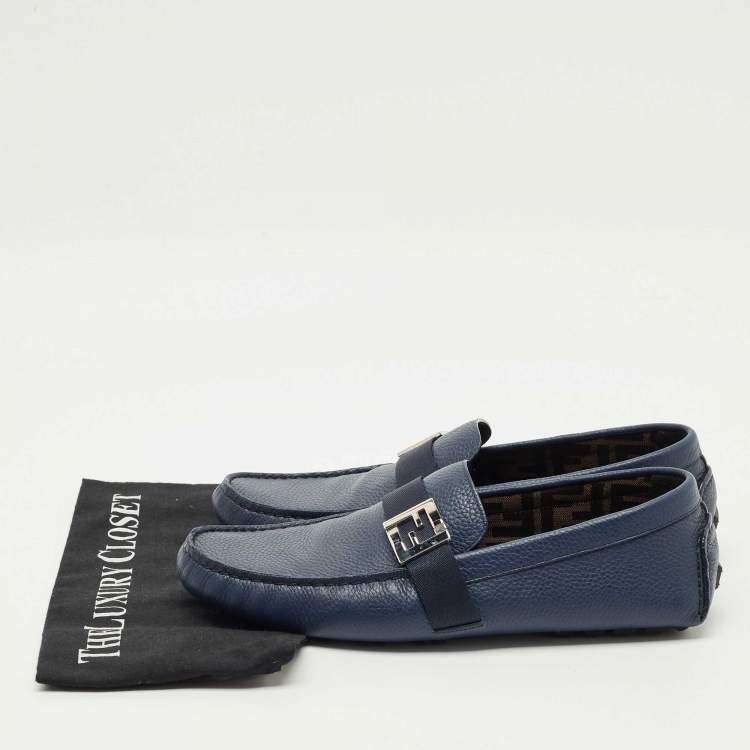 Pre Owned Fendi Navy Blue Leather FF Logo Slip On Loafers Size 43