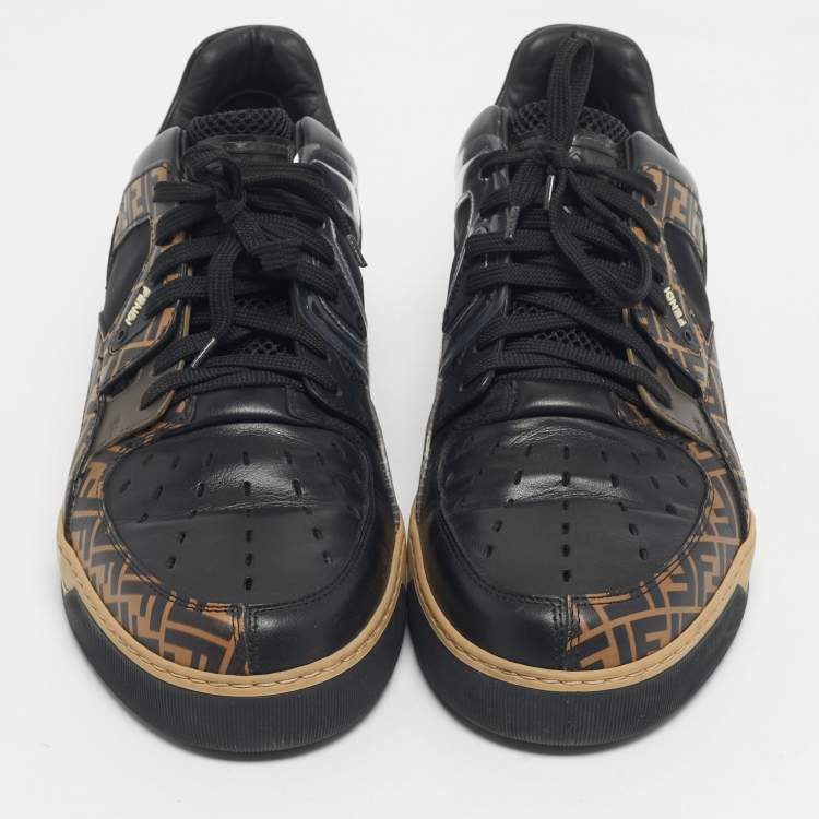 Pre Owned Fendi Black/Brown FF Leather and Mesh Lace Up Sneakers Size 41