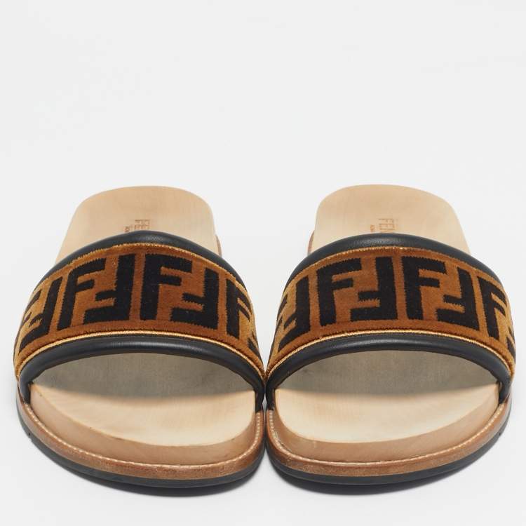 Pre Owned Fendi Brown Velvet Zucca Flat Slide Size 45