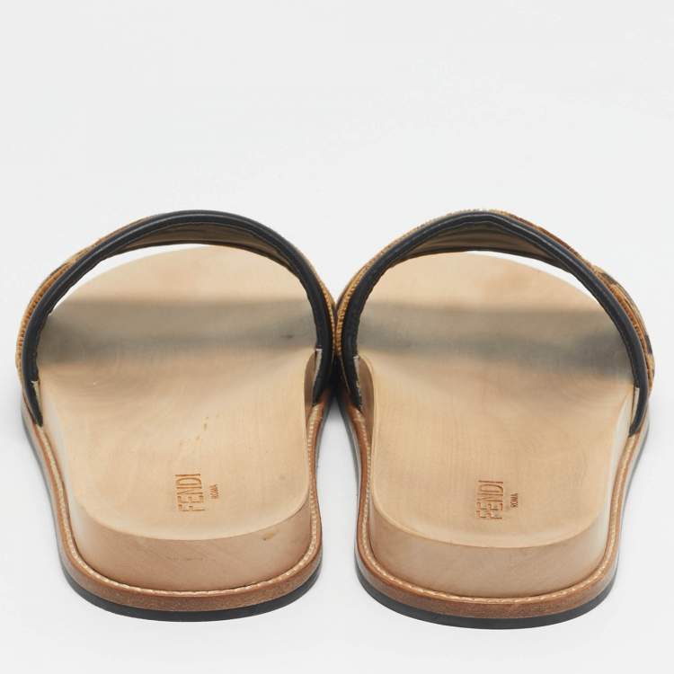 Pre Owned Fendi Brown Velvet Zucca Flat Slide Size 45
