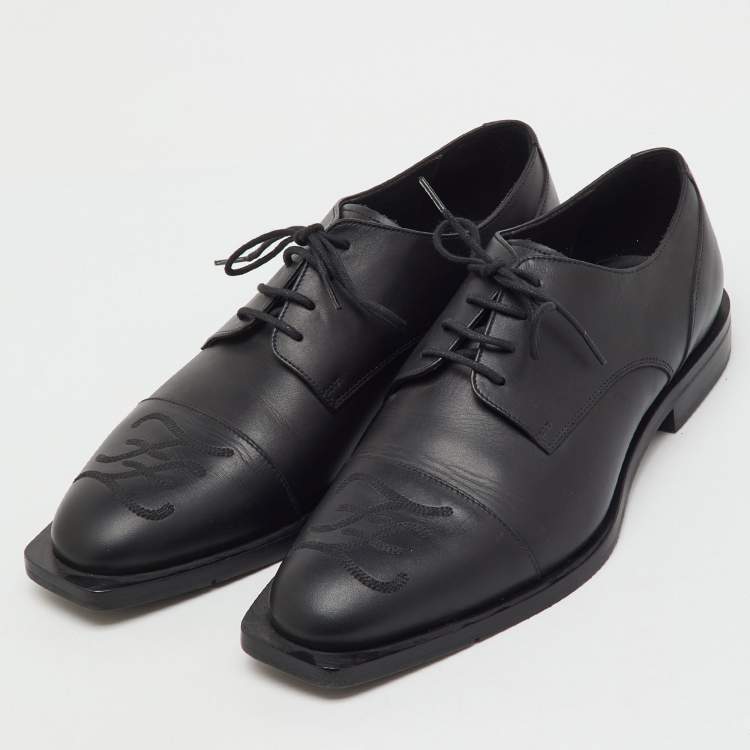 Pre Owned Fendi Black Leather FF Karligraphy Lace Up Derby Size 41