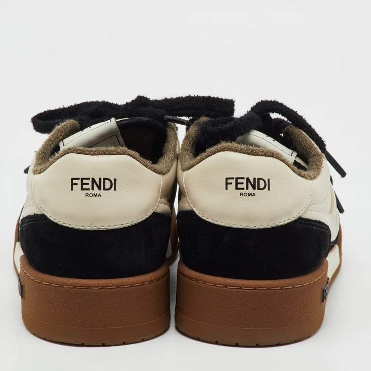 Pre Owned Fendi Off White/Black Leather and Suede Match Lace Up Sneakers Size 40