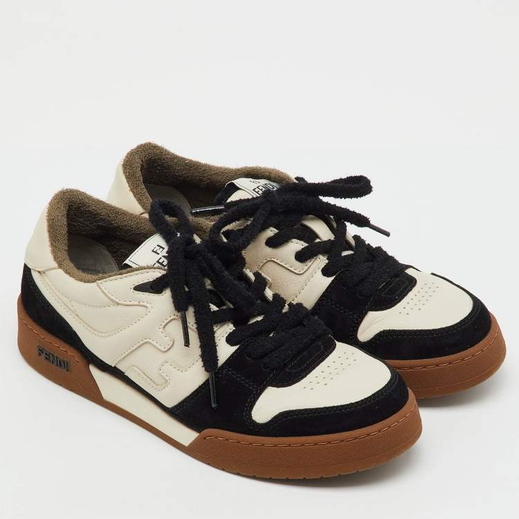 Pre Owned Fendi Off White/Black Leather and Suede Match Lace Up Sneakers Size 40