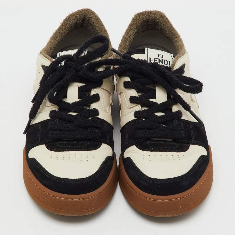 Pre Owned Fendi Off White/Black Leather and Suede Match Lace Up Sneakers Size 40