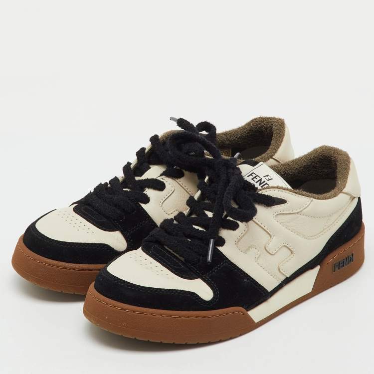 Pre Owned Fendi Off White/Black Leather and Suede Match Lace Up Sneakers Size 40