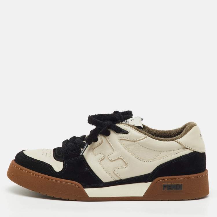 Pre Owned Fendi Off White/Black Leather and Suede Match Lace Up Sneakers Size 40