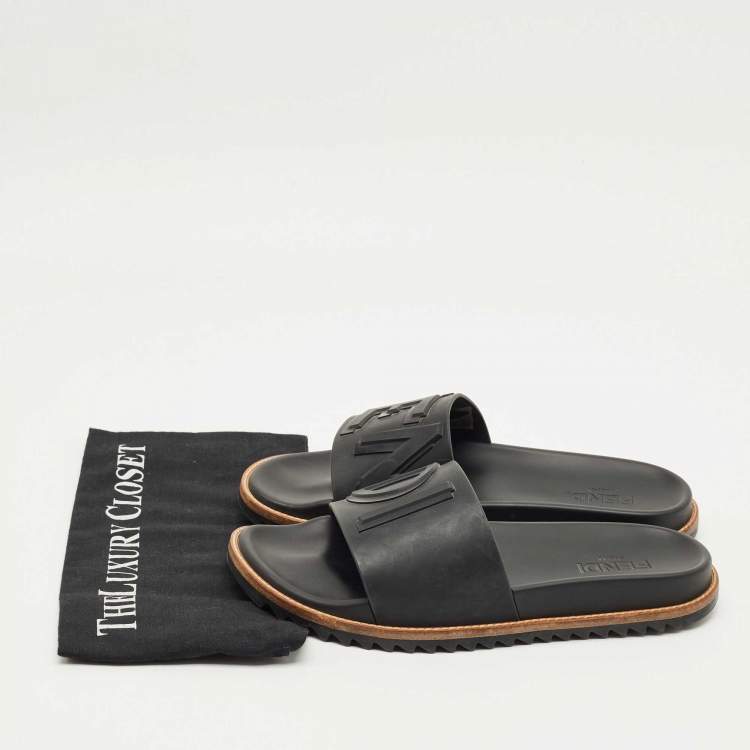 Pre Owned Fendi Black Rubber FF Logo PPool Slides Size 41