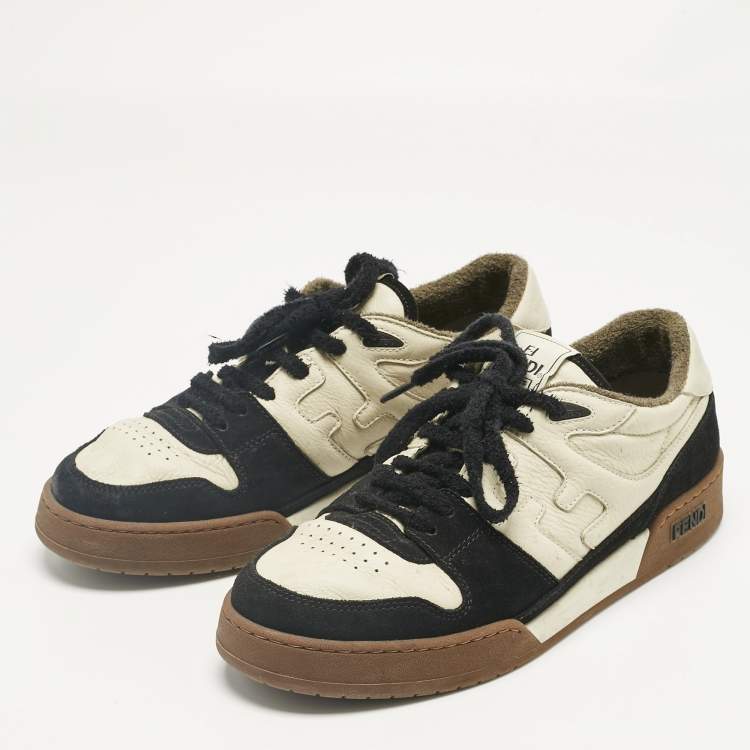 مملوكة مسبقًا Fendi Cream/Black Leather and Suede Low Top Sneakers Size 43